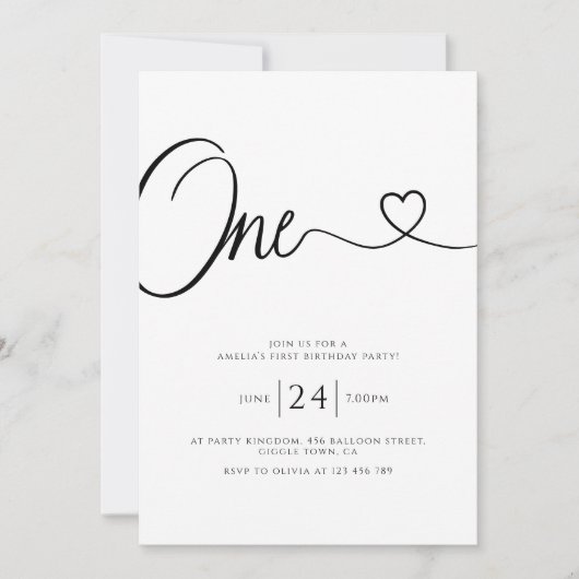 Eenvoudig minimalistisch hartscript 1e verjaardag kaart (Voorkant)