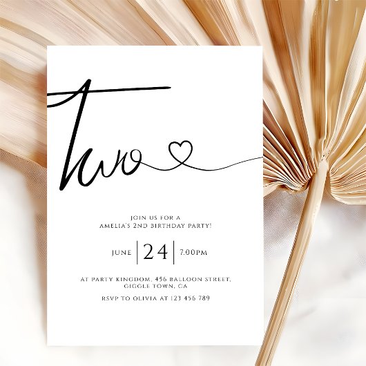 Eenvoudig minimalistisch hartscript 2e verjaardag kaart