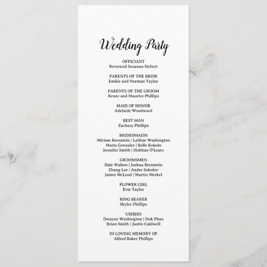 Eenvoudig minimalistisch huwelijk programmakaart (Achterkant)