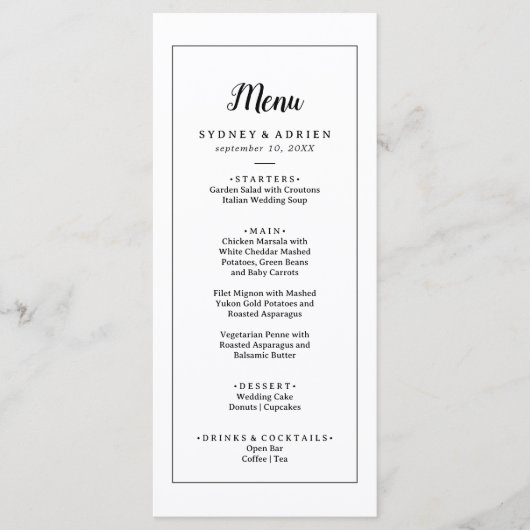 Eenvoudig minimalistisch Lijst bruiloft diner Menu (Voorkant)
