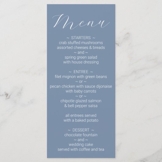 Eenvoudig minimalistisch menu Stusty Blue Wedding (Voorkant)