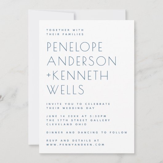 Eenvoudig minimalistisch modern blauw huwelijk kaart (Voorkant)