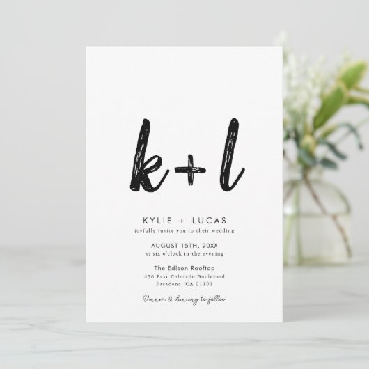 Eenvoudig minimalistisch monogram zwart-wit bruilo kaart (Staand voorkant)