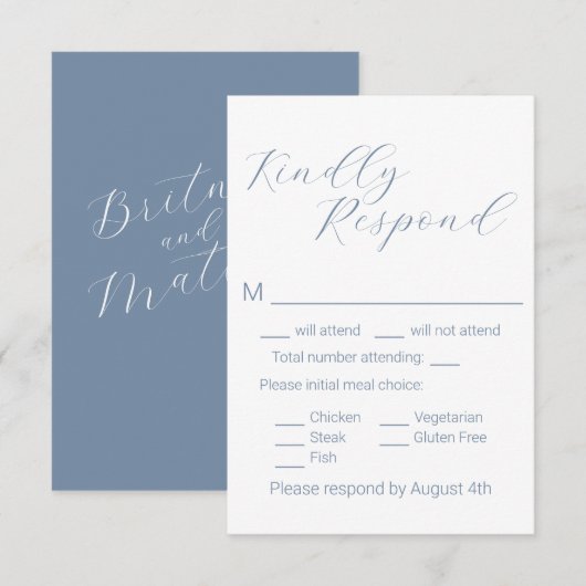 Eenvoudig minimalistisch mosterd blauw keuzerondje RSVP kaartje (Voorkant / Achterkant)