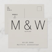 Eenvoudig minimalistisch neutraal monogram sparen aankondigingskaart (Voorkant / Achterkant)