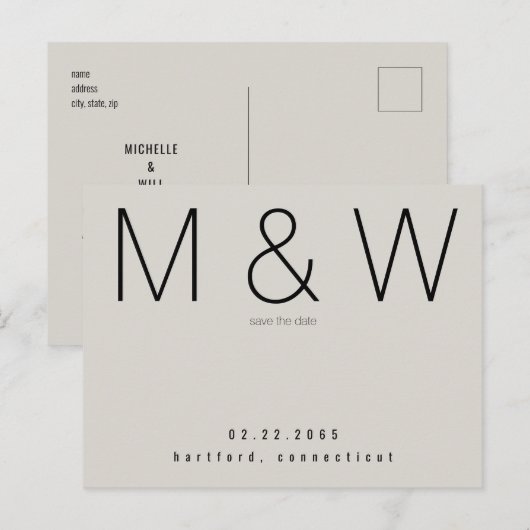 Eenvoudig minimalistisch neutraal monogram sparen  aankondigingskaart (Voorkant / Achterkant)