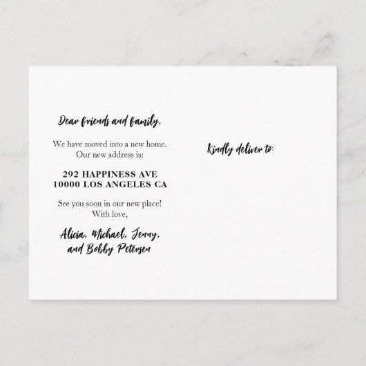 Eenvoudig minimalistisch nieuw home script verplaa aankondigingskaart (Achterkant)