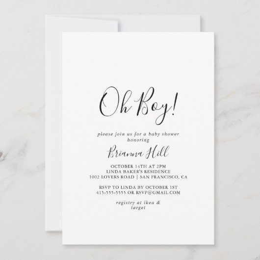 Eenvoudig minimalistisch Oh Boy Baby shower Uitnod Kaart (Voorkant)
