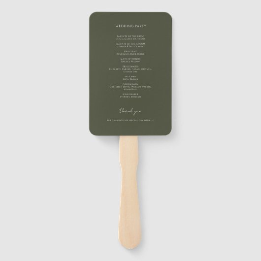 Eenvoudig minimalistisch olijfgroen trouwprogramma handwaaier (Achterkant)
