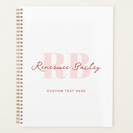 Eenvoudig minimalistisch roze en wit monogram planner (Voorkant)