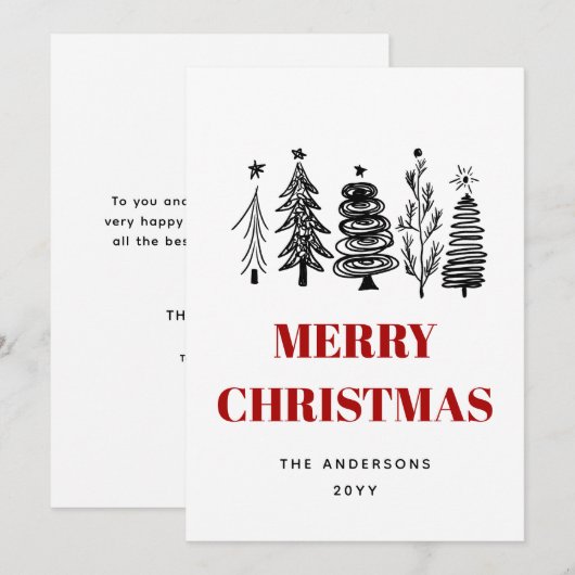 Eenvoudig minimalistisch schetsenzwart wit, rood k feestdagenkaart (Voorkant / Achterkant)