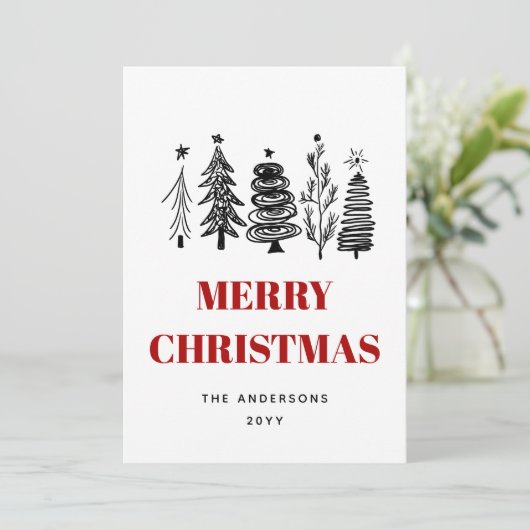 Eenvoudig minimalistisch schetsenzwart wit, rood k feestdagenkaart (Staand voorkant)