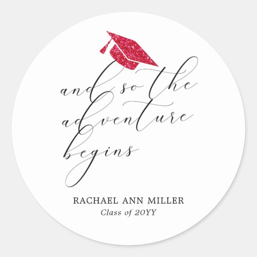 Eenvoudig Minimalistisch Script Avontuur Begint Ro Ronde Sticker (Voorkant)