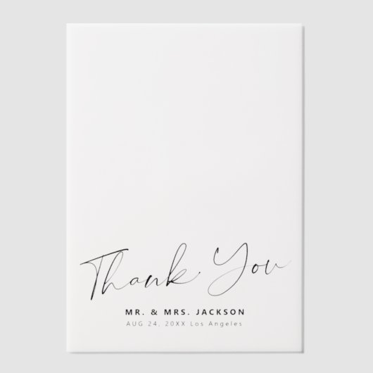 Eenvoudig minimalistisch script bruiloft bedankt o vellum uitnodigingen (Voorkant)