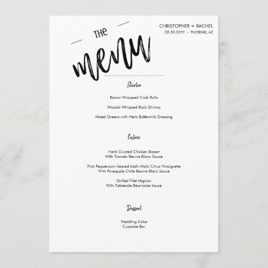 Eenvoudig minimalistisch script bruiloft menu (Voorkant)