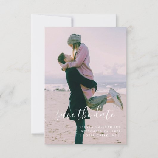 Eenvoudig minimalistisch script en foto save the date (Voorkant)