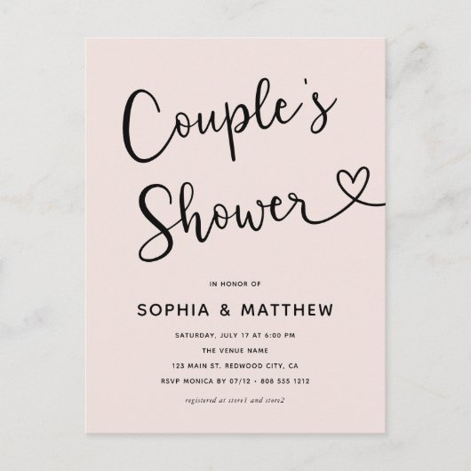 Eenvoudig minimalistisch script hart koppels douch briefkaart (Voorkant)