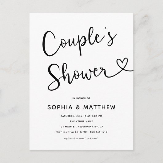 Eenvoudig minimalistisch script hart koppels douch briefkaart (Voorkant)