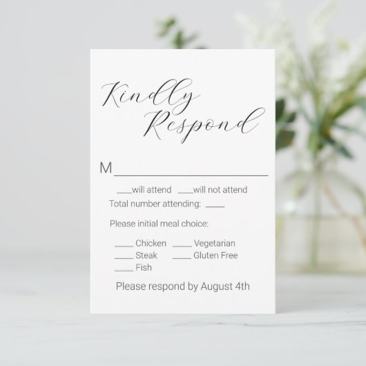 Eenvoudig minimalistisch script kiezen RSVP kaartje (Staand voorkant)