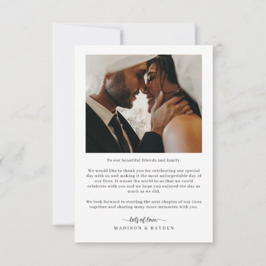 Eenvoudig minimalistisch script met foto bruiloft bedankkaart (Achterkant)