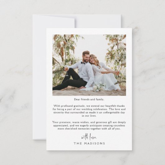 Eenvoudig minimalistisch script met hart bruiloft bedankkaart (Achterkant)