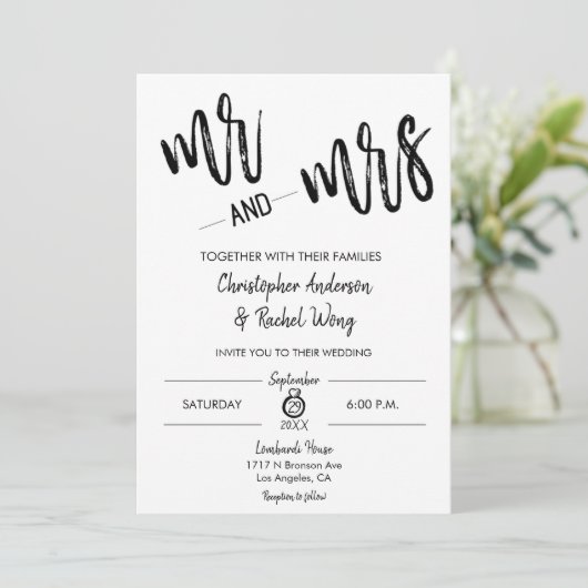 Eenvoudig minimalistisch script Mr. en Mrs Wedding Kaart (Staand voorkant)