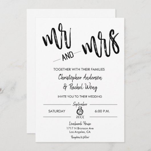 Eenvoudig minimalistisch script Mr. en Mrs Wedding Kaart (Voorkant / Achterkant)