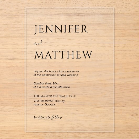 Eenvoudig minimalistisch script Transparante bruil Acryl Uitnodigingen (Voorkant)