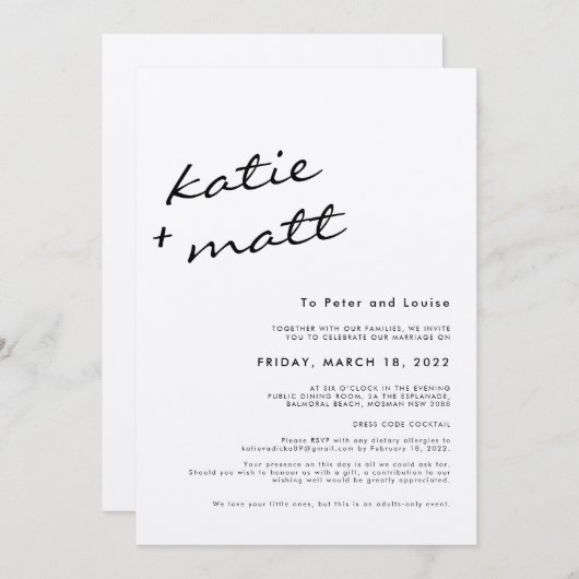 Eenvoudig Minimalistisch Script Zwart en Wit Trouw Kaart (Voorkant / Achterkant)