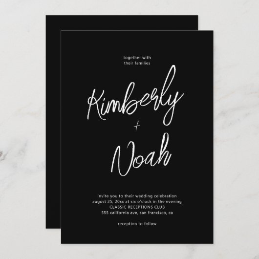 Eenvoudig minimalistisch script zwart-wit bruiloft kaart (Voorkant / Achterkant)