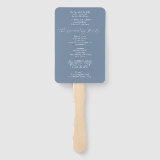 Eenvoudig Minimalistisch Stofblauw Trouwprogramma Handwaaier (Achterkant)