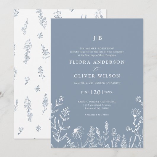 Eenvoudig minimalistisch wild-mosterd blauw huweli kaart (Voorkant / Achterkant)