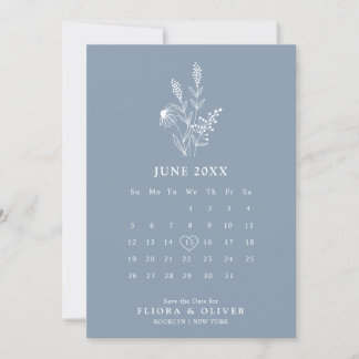 Eenvoudig minimalistisch wild-mosterd blauw huweli save the date