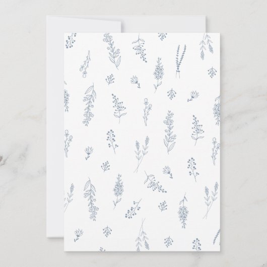 Eenvoudig minimalistisch wild-mosterd blauw huweli save the date (Achterkant)