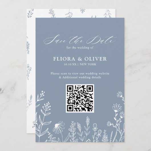 Eenvoudig minimalistisch wild-mosterd blauw huweli save the date (Voorkant / Achterkant)