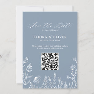 Eenvoudig minimalistisch wild-mosterd blauw huweli save the date