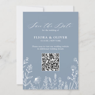 Eenvoudig minimalistisch wild-mosterd blauw huweli save the date