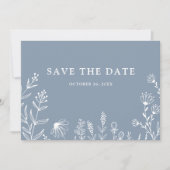 Eenvoudig minimalistisch wild-mosterd blauw huweli save the date (Voorkant)