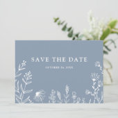 Eenvoudig minimalistisch wild-mosterd blauw huweli save the date (Staand voorkant)