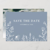 Eenvoudig minimalistisch wild-mosterd blauw huweli save the date (Voorkant / Achterkant)