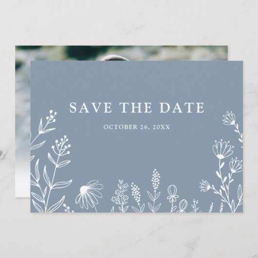 Eenvoudig minimalistisch wild-mosterd blauw huweli save the date (Voorkant / Achterkant)
