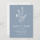 Eenvoudig minimalistisch wild-mosterd blauw huweli save the date (Voorkant)