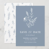 Eenvoudig minimalistisch wild-mosterd blauw huweli save the date (Voorkant / Achterkant)