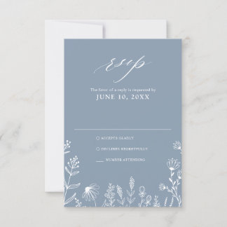 Eenvoudig minimalistisch wild-mosterd Blue Wedding RSVP Kaartje