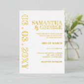 Eenvoudig minimalistisch wit en goudmodern huwelij folie uitnodiging (Staand Voorkant)