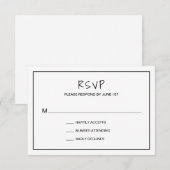 Eenvoudig minimalistisch zwart en wit modern huwel RSVP kaartje (Voorkant / Achterkant)