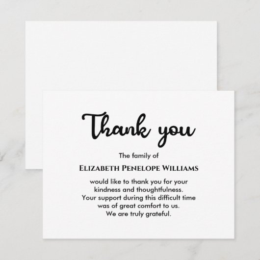 Eenvoudig minimalistisch zwart-wit begrafenismonum bedankkaart (Voorkant / Achterkant)