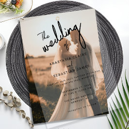 Eenvoudig minimalistisch zwart-wit fotohuwelijk vellum uitnodigingen