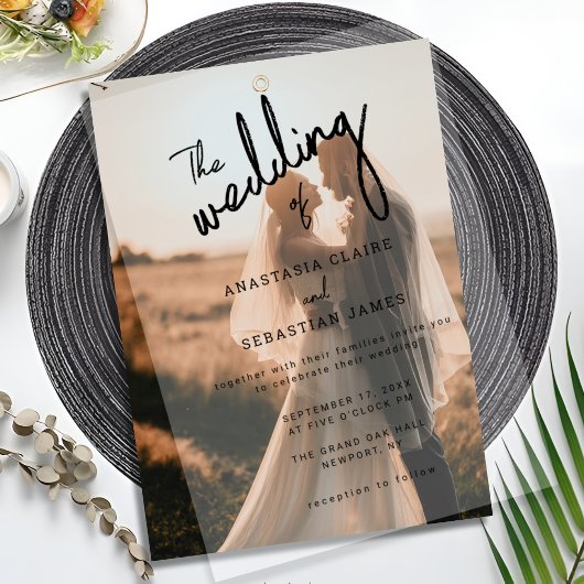 Eenvoudig minimalistisch zwart-wit fotohuwelijk vellum uitnodigingen