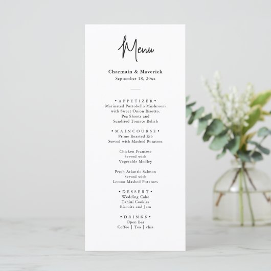Eenvoudig minimalistisch zwart-wit huwelijk menu (Staand voorkant)